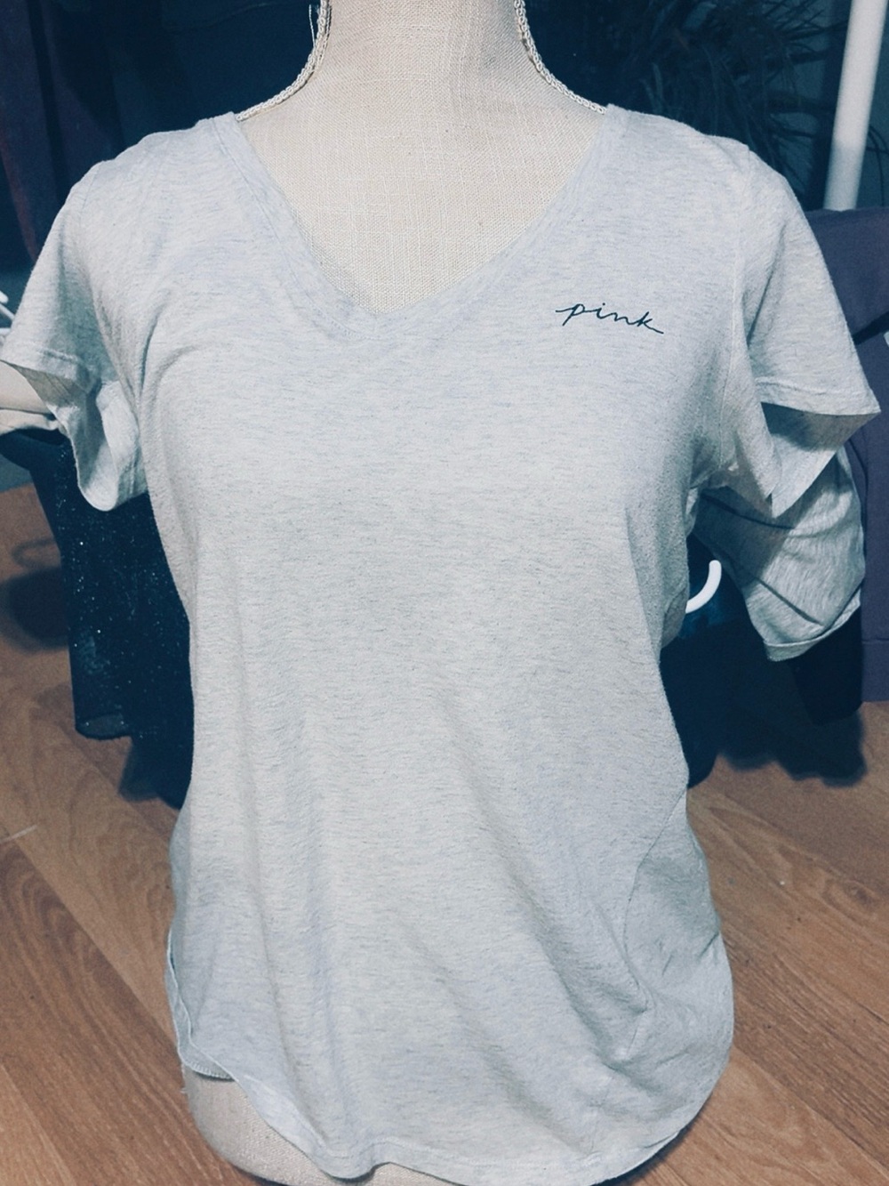 PINK Victoria's Secret Heather Light Gray V-Neck Tee with Script Logo